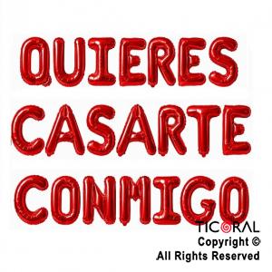 SET DE GLOBOS METALIZADO FRASE QUIERES CASARTE CONMIGO ROJO 21 UNIDADES
